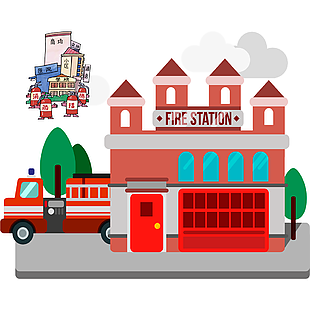 卡通插畫風商場房屋消防安全素材設計
