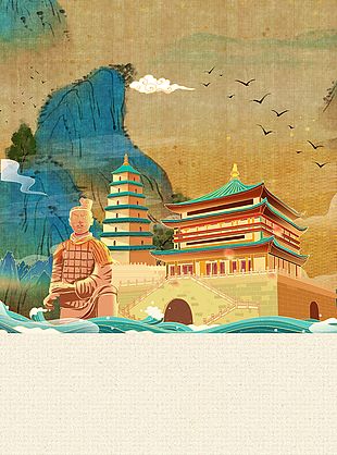 復(fù)古國風(fēng)城樓元素插畫背景