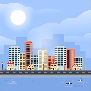 时尚蓝色高端大气城市建筑风景画