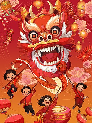龍年舞獅紅色創意插畫背景