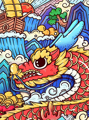 龙年趣味元素节日国潮插画
