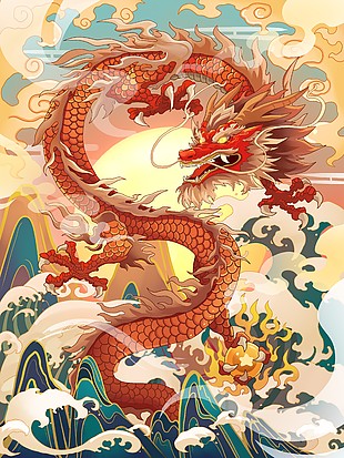 龍年國潮山水元素插畫