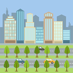 绿色清新城市道路风景插画