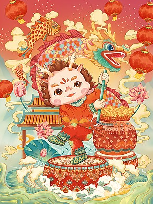 龙年新春卡通插画趣味素材