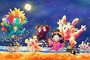 夜色卡通趣味插畫素材