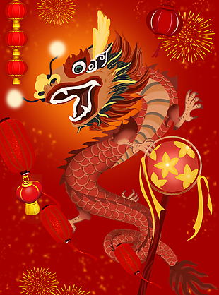 歡喜過年紅色主題龍元素插畫