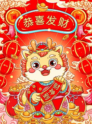 恭喜发财新年创意插画海报