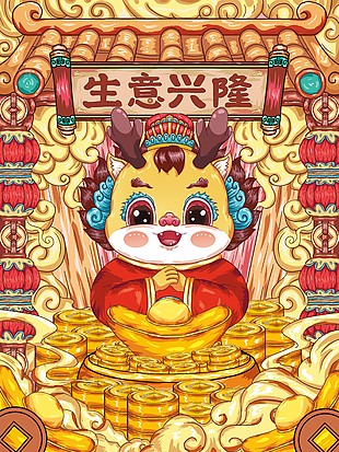 生意兴隆幸福年趣味插画海报