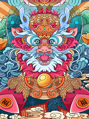 龙年迎福国潮插画模板