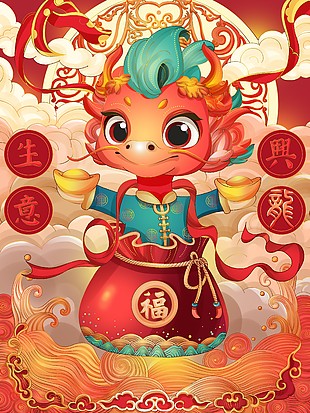 生意兴隆龙年新春插画海报