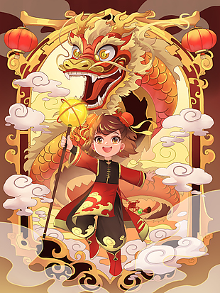 龍年新春國潮插畫模板