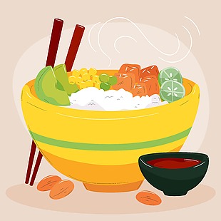 日式拌飯卡通插畫元素