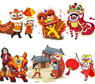 精美手繪國潮風舞龍舞獅插畫素材下載