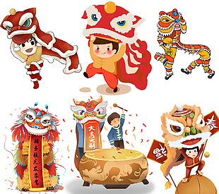 精美國潮風卡通舞龍舞獅插畫素材下載