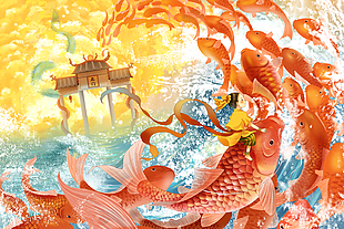 鲤鱼跃龙门国潮插画模板