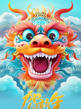 贺新年新春龙年形象插画海报