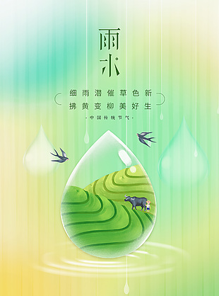 細雨淺催草色新傳統節氣雨水海報