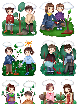 可爱卡通精美植树节学生头种树插画素材合集