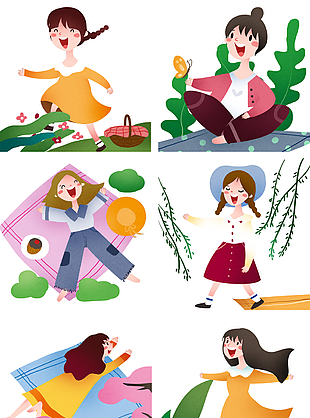 質感可愛手繪女孩春游踏青插畫素材