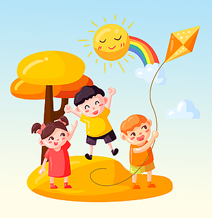 可愛卡通春日晴空兒童放風箏插畫素材