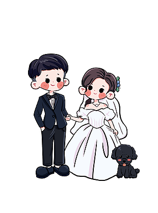 可愛Q版手繪新郎新娘寵物狗新婚素材