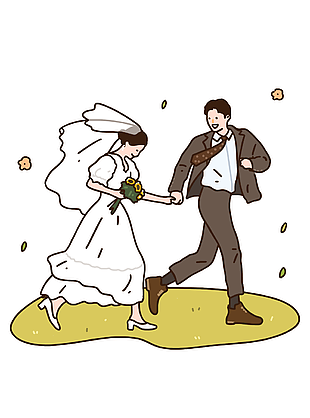 幸福手繪新郎新娘手拉手白色婚紗插畫素材