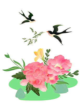 卡通手繪燕子與牡丹花插畫素材下載