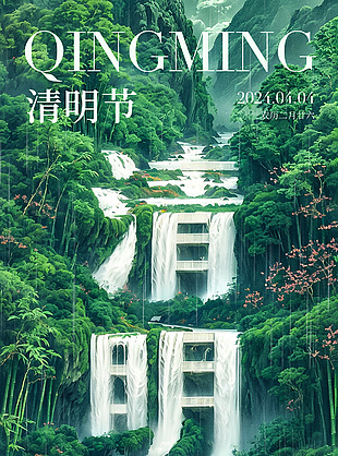 瀑布山川背景创意大气清明海报