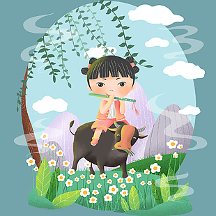清明節卡通人物牧笛插畫設計