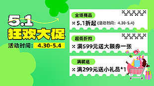 5.1狂歡大促綠色清新展板模版