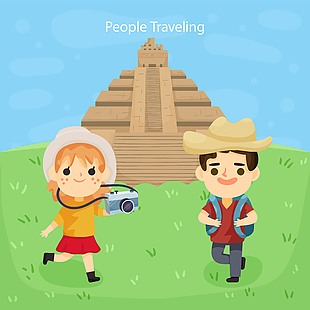 假期出國旅行旅游人物插畫