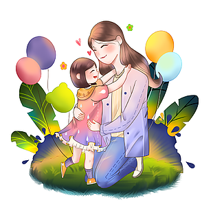 精美溫馨卡通母女相擁插畫素材