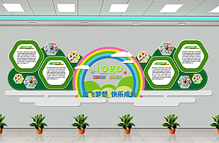 卡通實(shí)用互助友愛(ài)健康成長(zhǎng)幼兒園文化墻