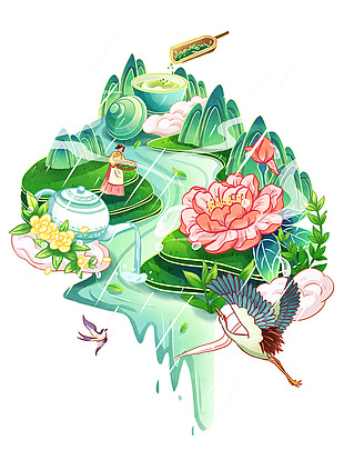 创意山水手绘女孩采茶插画模板下载
