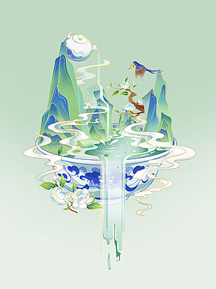 創意山水茶壺接茶手繪國風插畫素材