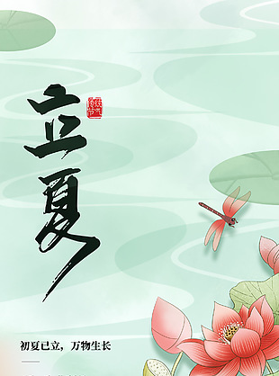 传统时节立夏手绘荷塘蜻蜓元素海报