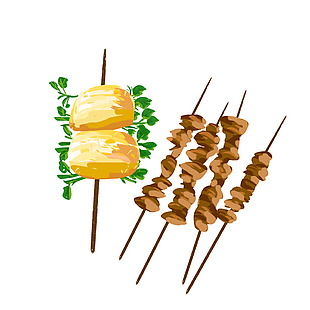 手绘烧烤美食烤羊肉串馍馍插画素材下载