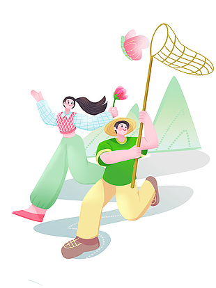 春日簡(jiǎn)約扁平化人物出游捕蝶插畫