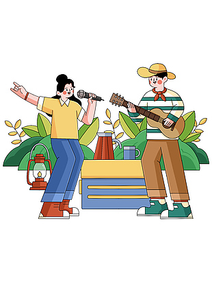 扁平化人物唱歌彈吉他插畫素材設(shè)計(jì)