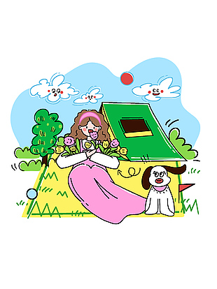 春日女孩小狗露營趣味插畫素材下載