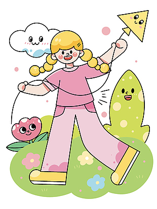 女孩放風箏簡約線條插畫模板