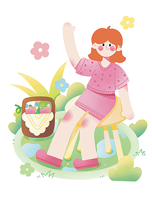 手繪清新女孩草坪招手插畫