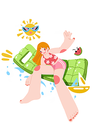 海邊趣游創(chuàng)意女孩夏日沙灘插畫(huà)素材