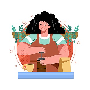 手工研磨咖啡主題插畫