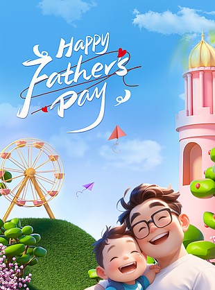 父亲节缤纷卡通创意3D亲子画面海报
