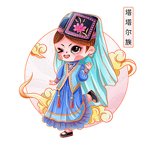 塔塔爾族傳統服飾小女孩手繪插畫