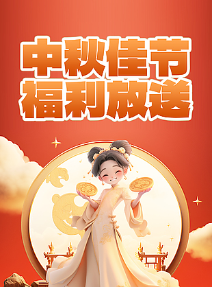 中秋佳節福利放送卡通3D古風促銷海報
