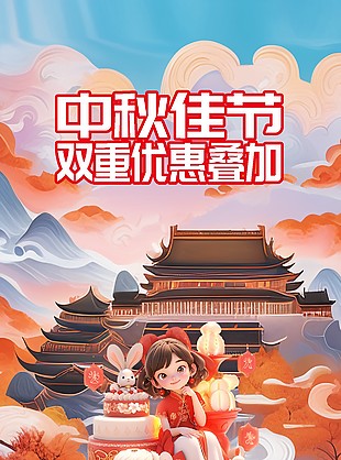 中秋佳節國潮手繪滿減活動宣傳海報
