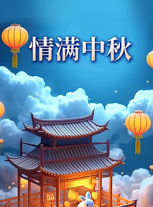 情滿中秋國(guó)風(fēng)3D卡通滿減活動(dòng)海報(bào)