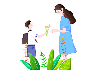 教師節(jié)溫馨師生手繪卡通獻(xiàn)花插畫(huà)